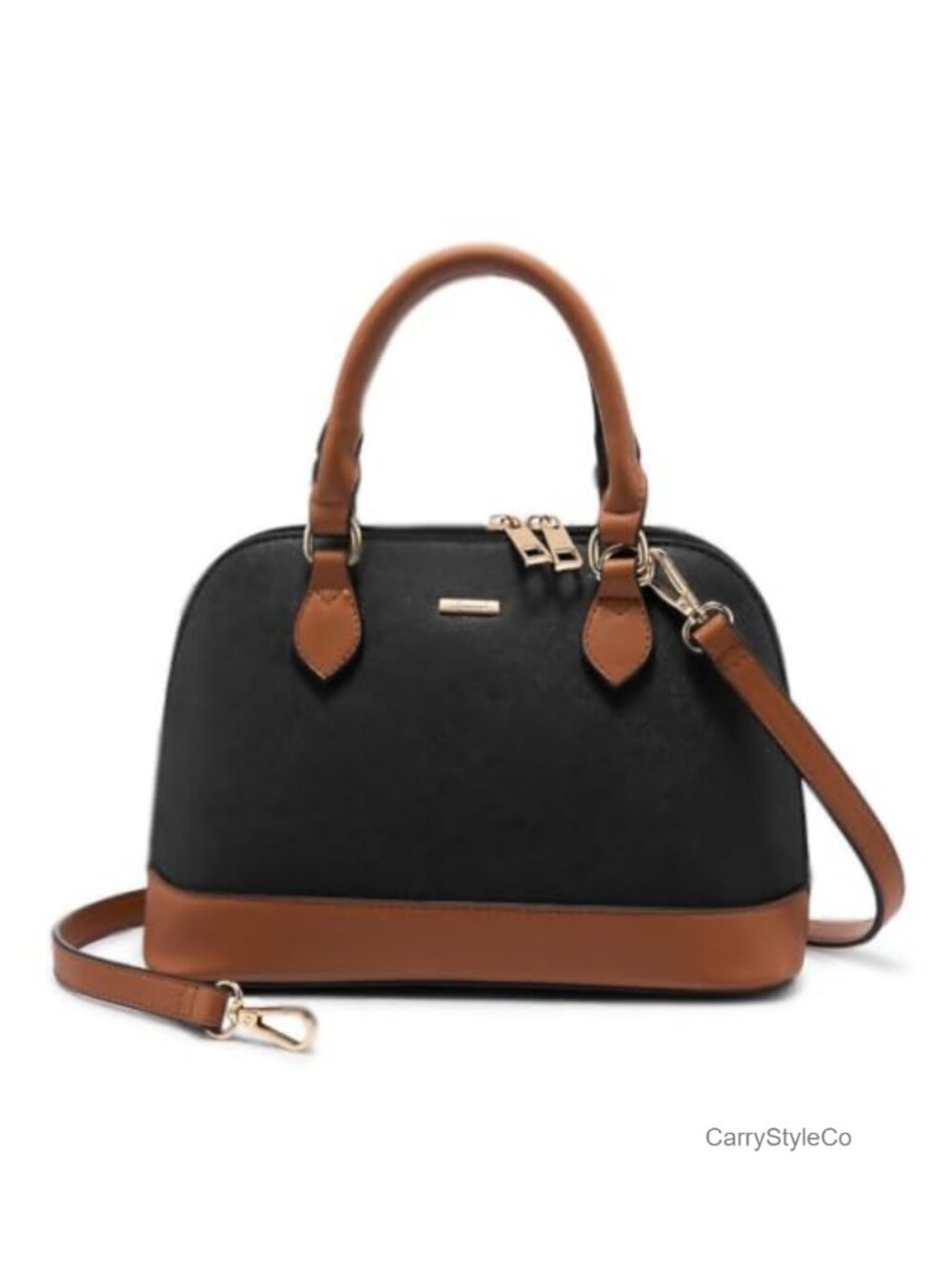 Faux Leather Crossbody Satchel Handbag with Double Zip & Adjustable Strap